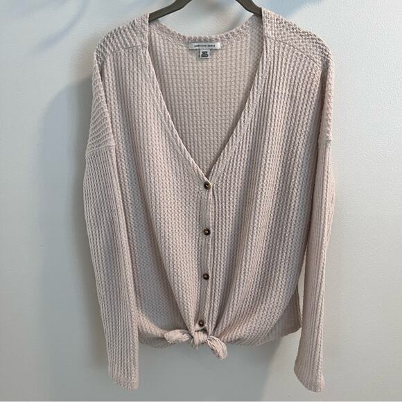 American Eagle Ivory / Beige Button Down Waffle Knit Long Sleeve Shirt Size M - Picture 2 of 8